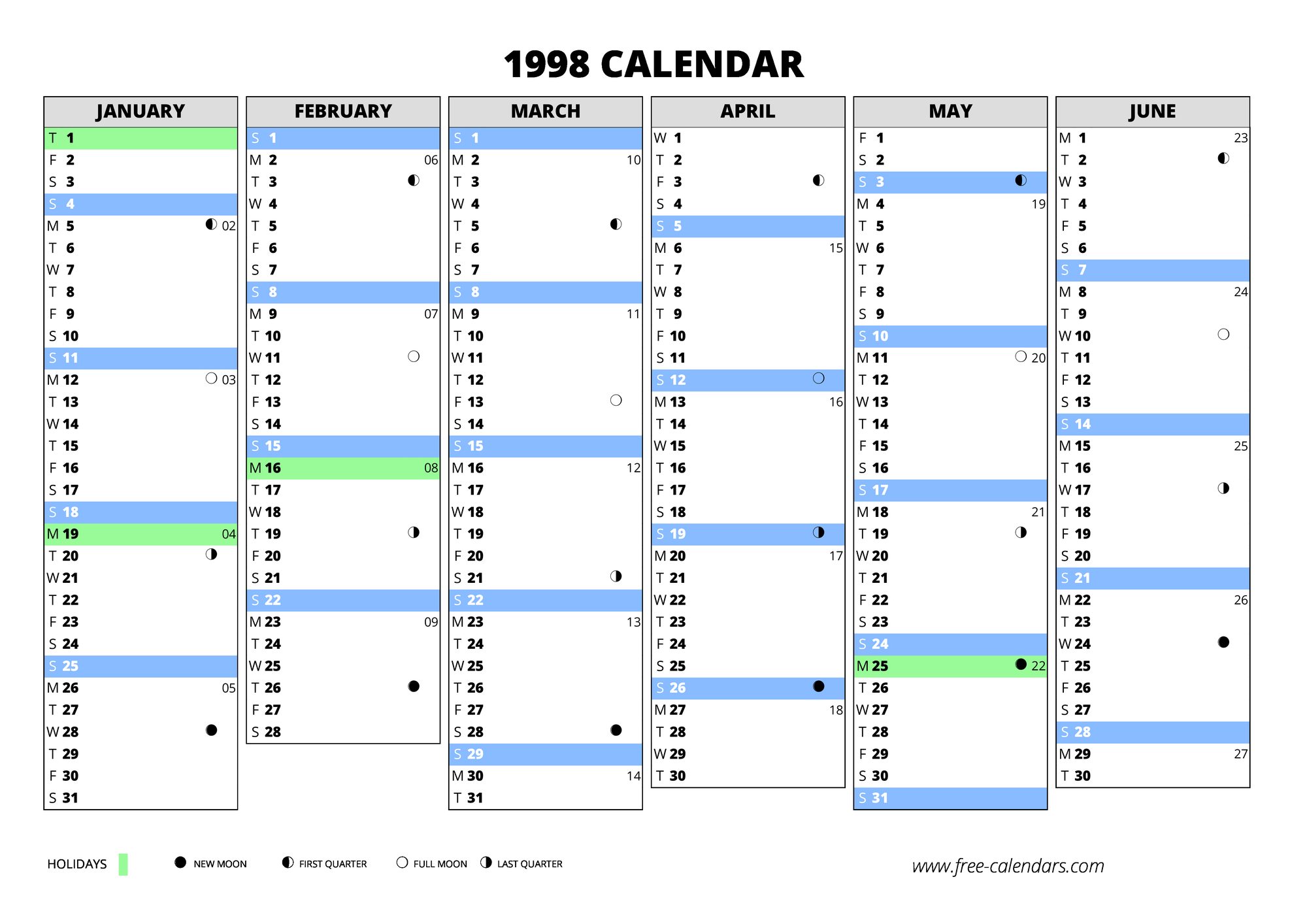 1998 Calendar Free calendars 1998 Calendar Free calendars